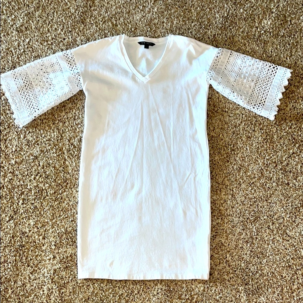 Ralph Lauren Fitted White Dress with Lace Sleeves